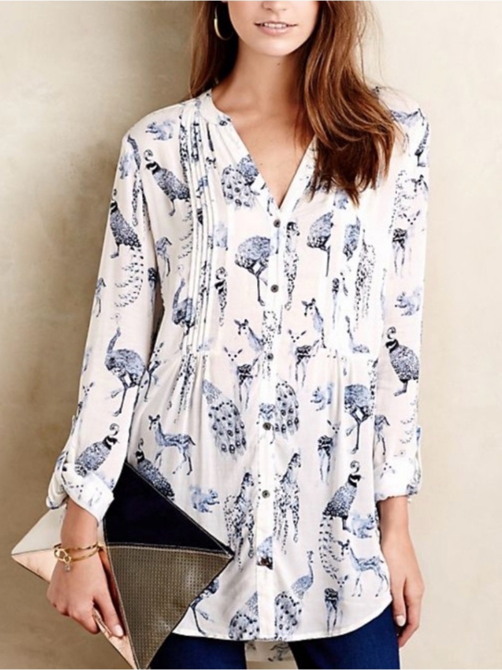 Maeve Anthropologie Fauna Animal Print Roll Tab Blouse Blue White Whimsical S